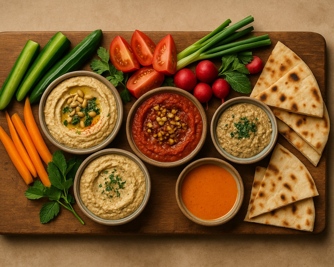 Mezze platter featuring Syriausly dips