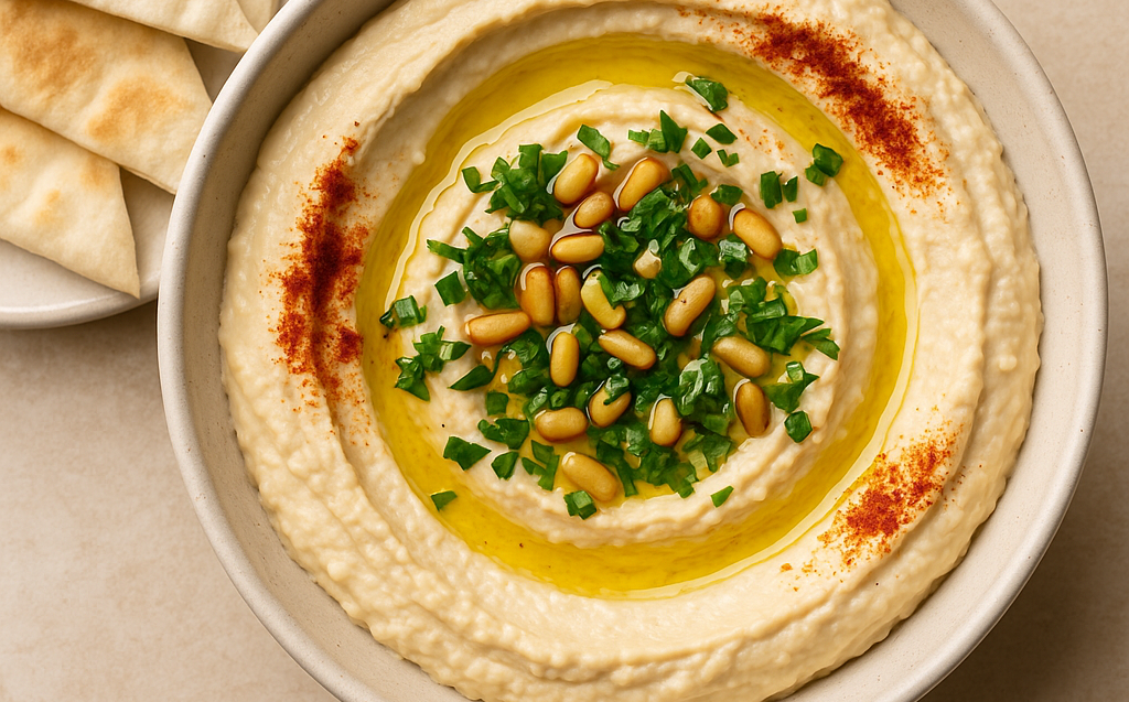 Creamy hummus bowl with olive oil and paprika