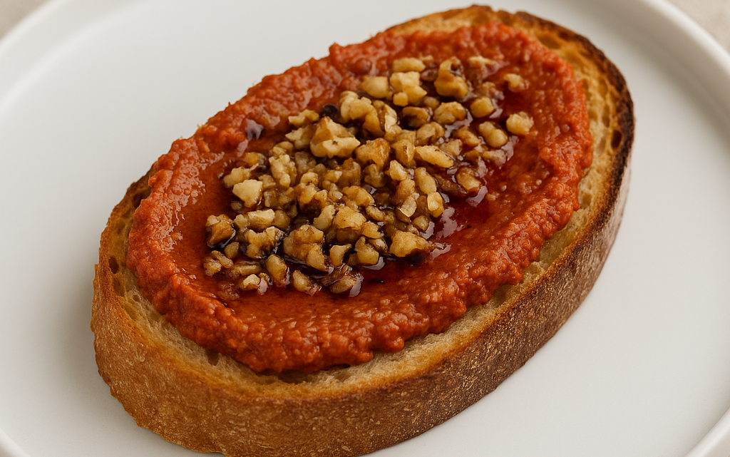 Muhammara spread on toast with walnuts